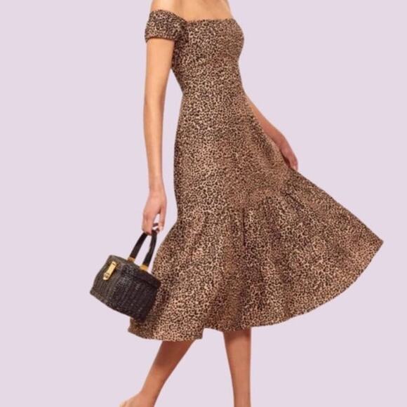 Reformation Toulouse Leopard Midi Dress Womens Sz 2 100% Linen Tiered Smocked - Picture 2 of 7